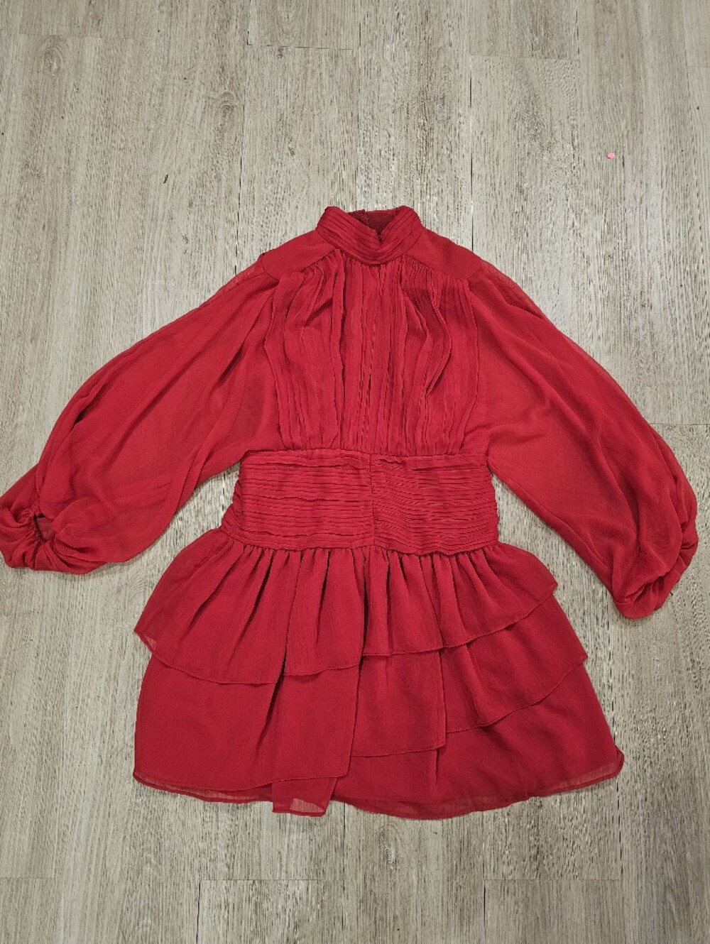 Express Lipstick Red Mock Neck Pleated Tiered Mini Dress NWOT 4